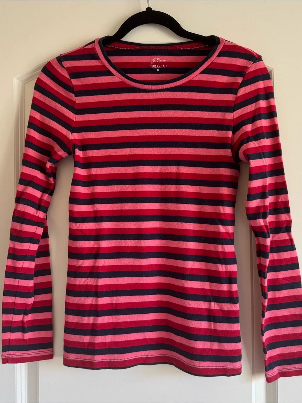 J. Crew 100% Cotton Long Sleeve Striped Tee in Pink Red and Navy